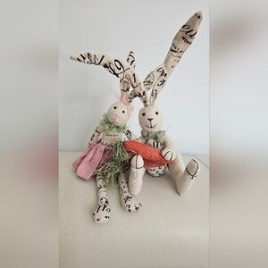 Vintage Look Easter Spring Bunny Plush Set with Carrot Stuffed Animal Toy Decor
